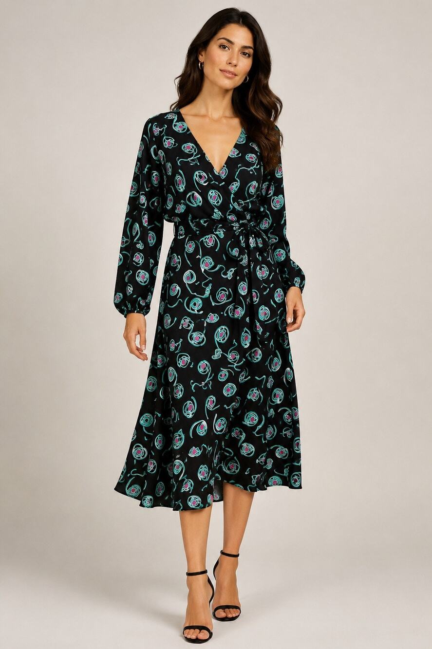 Diane von Furstenberg Abstract Swirl Faux Wrap Midi Dress – Size Small